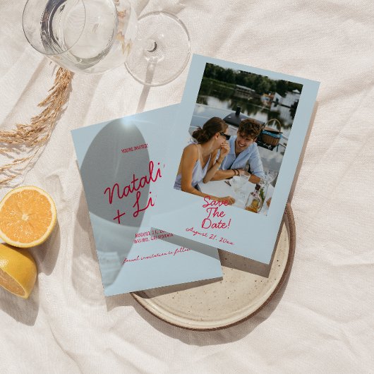 モダンカラフルお洒落はっきりしたレトロ結婚写真 セーブザデート