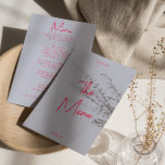 モダンカラフルお洒落明レトロ結婚ズ メニュー<br><div class="desc">カラフルファンキーレトロモダンの明るい結婚ディナーメニュー。ボーホーテンプレートペリウィンクルの背景と鮮やかなピンクのタイポグラフィとピンクの手のメニューのシックなヴィンテージデザインを特徴とす書るピンクの。完全で完全な手でレタースイートお洒落の雰囲気と一致。</div>