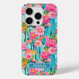 モダンカラフルなサボテンの花の名入れ iPhone 15 PROケース