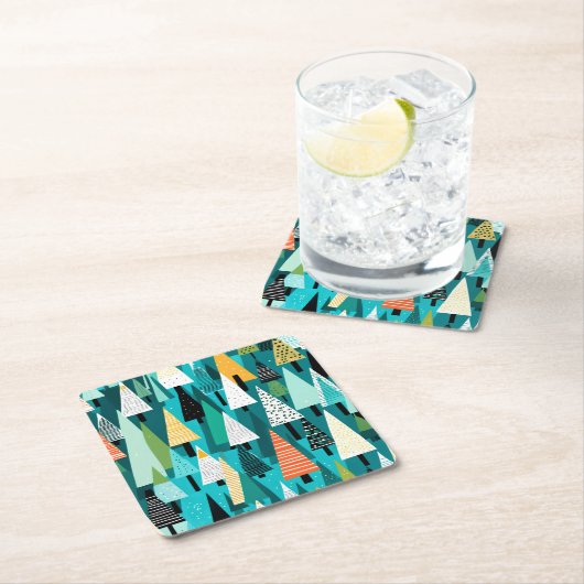 モダンカラフルのクリスマスツリーパターン スクエアペーパーコースター (インサイチュ)