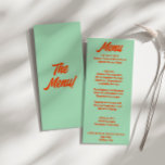 モダンカラフルはっきりしたファンキーレトロ結婚 メニュー<br><div class="desc">カラフルファンキーレトロモダング結婚リーンのディナーメニュー。ボーホーテンプレートグリーン背景とオレンジタイポグラフィのシックなヴィンテージデザインをはっきりした特徴とする。明るい緑の背景。スイート全体と完全で一致。</div>