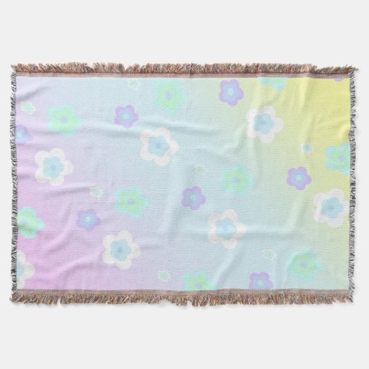 モダンカラフルグラデーション青い花ガーリー柄 スローブランケット (正面)