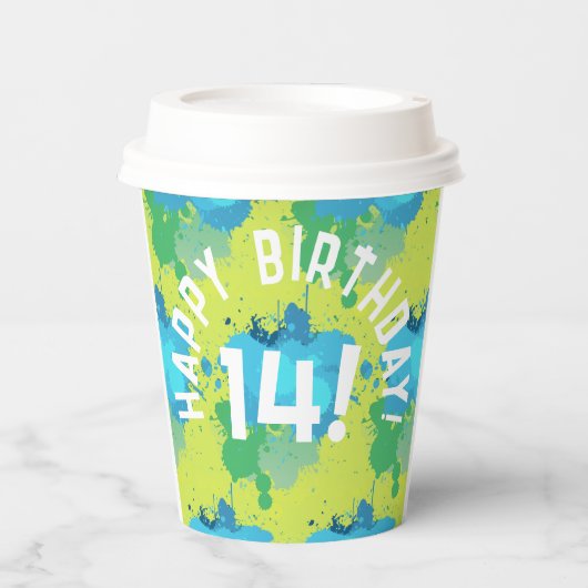 モダンカラフルターコイズペントボー絵を描ル(ばちゃばちゃ)跳ねる 紙コップ (正面)