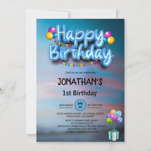 モダンカラフルバルーン 1歳の誕生日パーティー 招待状 (正面)