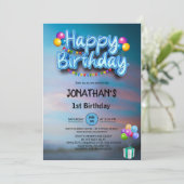 モダンカラフルバルーン 1歳の誕生日パーティー 招待状 (スタンド正面)