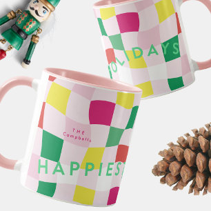 モダンカラフルピンクディスコタータンチェッククリスマス マグカップ