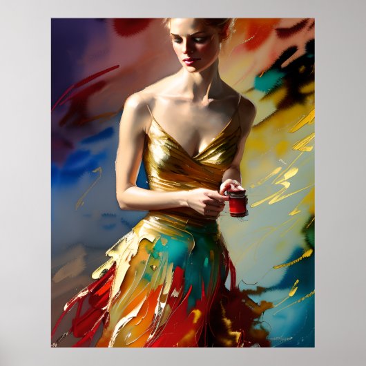 モダンカラフルファッション金ゴールドティール（緑がかった色）赤抽象芸術po ポスター (正面)