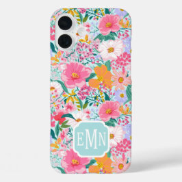 モダンカラフルフラワーガーデンモノグラムケースマット iPhone 16 PLUSケース