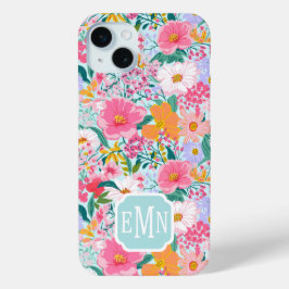 モダンカラフルフラワーガーデンモノグラム iPhone 15 MINIケース