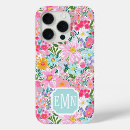 モダンカラフルフラワーガーデン モノグラム iPhone 15 PROケース