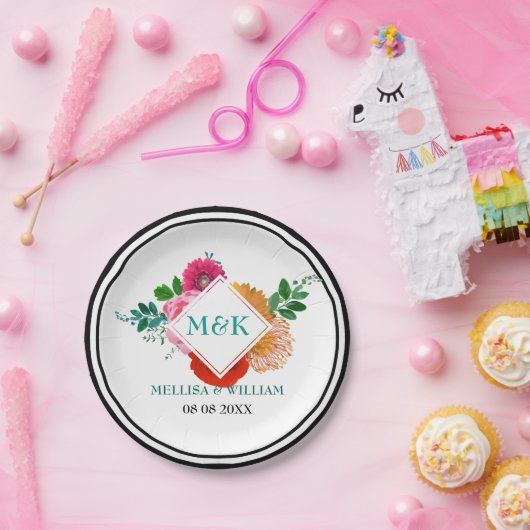 モダンカラフルフローラ結婚イラストレーションデザイン ペーパープレート (パーティー)