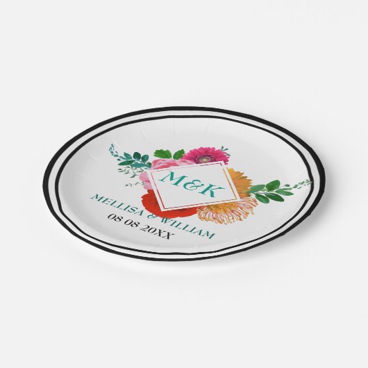 モダンカラフルフローラ結婚イラストレーションデザイン ペーパープレート (アングル)