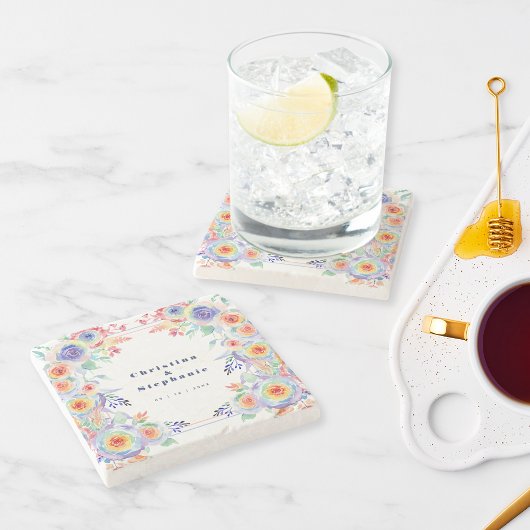 モダンカラフルフローラ結婚LGBTQ ストーンコースター