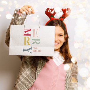 モダンカラフルメリー明るい ハッピーホリデー ラージペーパーバッグ