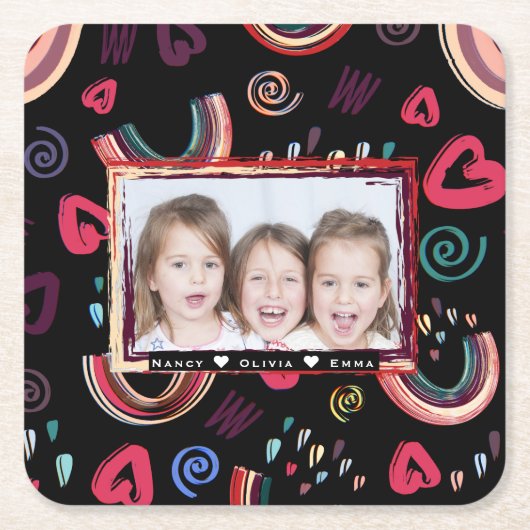 モダンカラフルレインボーカスタムフォト スクエアペーパーコースター (正面)