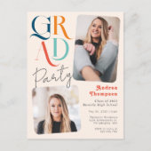 モダンカラフルレトロ2枚写真卒業 インビテーションポストカード (正面)