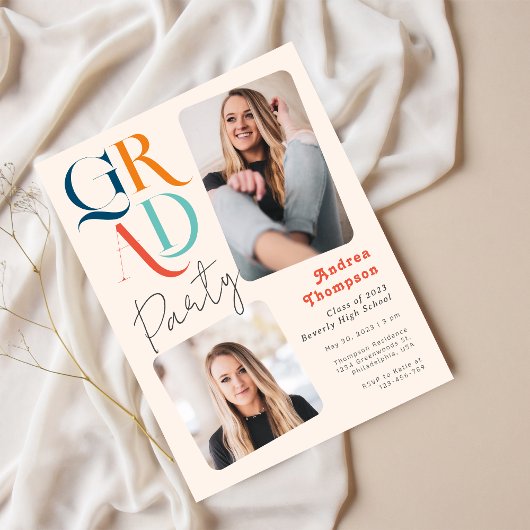 モダンカラフルレトロ2枚写真卒業 インビテーションポストカード