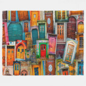 モダンカラフルヴィンテージのドアのパタユニークーン フリースブランケット (正面(横))