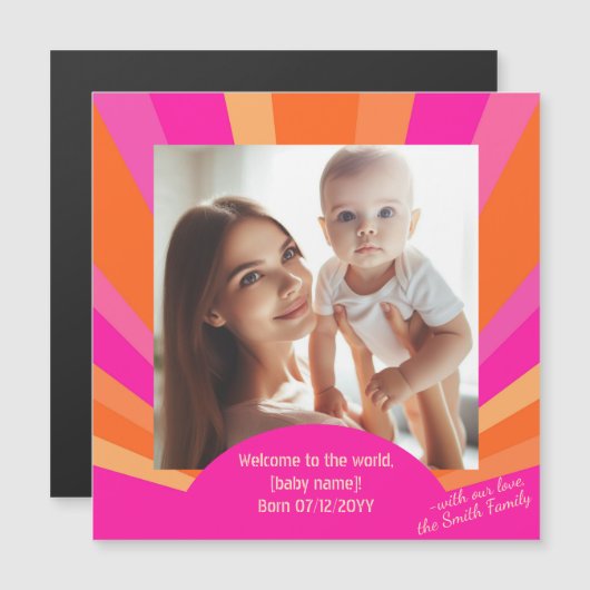 モダンカラフル日が差すこと、ベビー写真の発表 マグネット招待状 (正面/裏面)