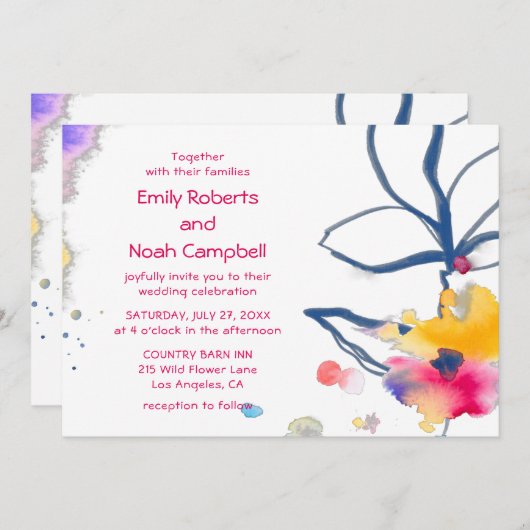 モダンカラフル水の色フローラ結婚 招待状 (正面/裏面)