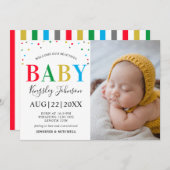 モダンカラフル水玉模様ユニセックスベビー統計 案内状 (正面/裏面)