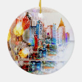 モダンカラフル水色NYCボールクリスマス セラミックオーナメント (裏面)
