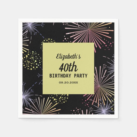 モダンカラフル花火ゴールデンブラック誕生日 スタンダードカクテルナプキン (正面)