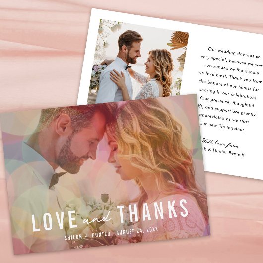 モダンカラフル《写真》ぼけ味オーバーレイ結婚写真 サンキューカード