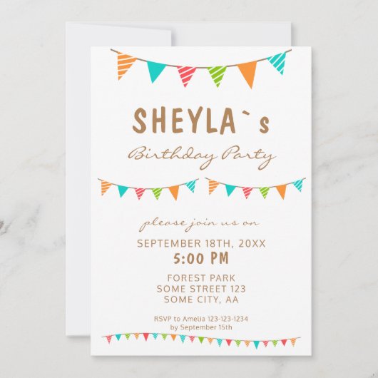 モダンカラフルBunting Flags誕生会 招待状 (正面)