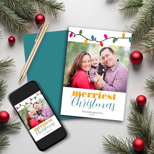 モダンカラフルChristmas Lights Holiday Photo シーズンカード