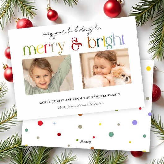 モダンカラフルMerry & Brightタイポグラフィ2枚写真 シーズンカード