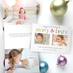 モダンカラフルMerry&Brightタイポグラフィ2枚写真 三つ折りクリスマスカード