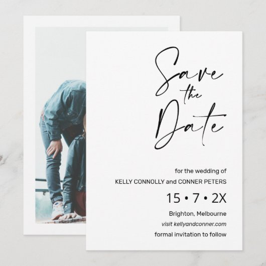 モダンカリグラフィーの結婚式Save The Dateカード 招待状 (正面/裏面)