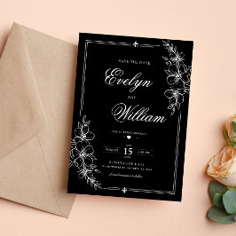 モダンカリグラフィーの黒い結婚式 セーブザデート