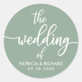 モダンカリグラフィーサージグリーンの結婚式 ラウンドシール (正面)