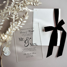 モダンカリグラフィースクリプトの黒と白の結婚式招待状 Mr & Mrs アクリル招待状