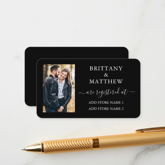 モダンカリグラフィー写真ウェディングレジストリーブラック エンクロージャーカード (正面/裏面インサイチュ)