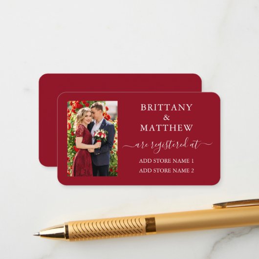 モダンカリグラフィー写真ウェディングレジストリーレッド エンクロージャーカード (正面/裏面インサイチュ)