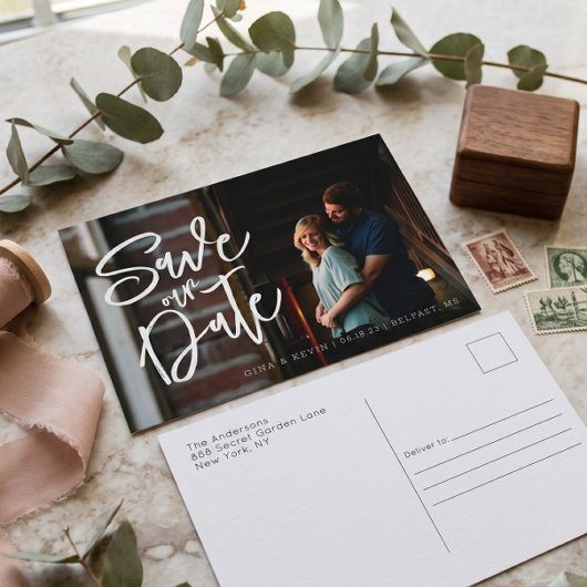 モダンカリグラフィー写真付きSave the Dateポストカード シーズンポストカード