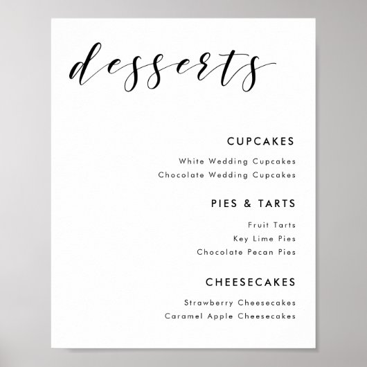 モダンカリグラフィー結婚式デザートメニューサイン ポスター (正面)