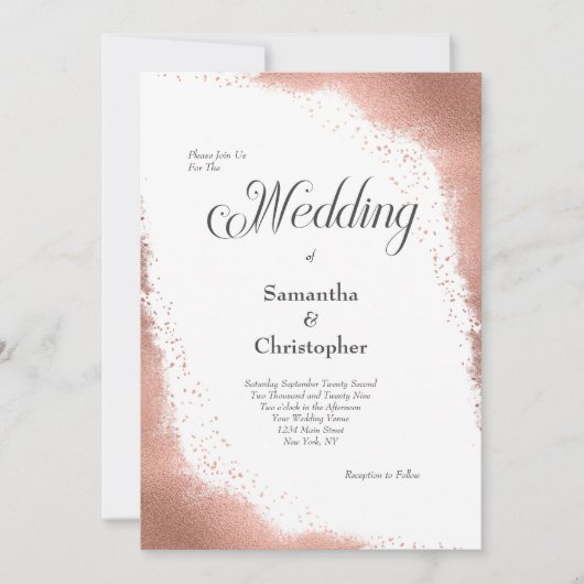 モダンカリグラフィー結婚式 ローズゴールド グリッター 招待状 (正面)