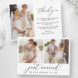 モダンカリグラフィー3枚の写真でJust Married ウェディング サンキューカード