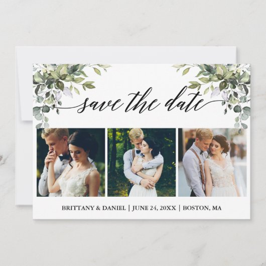 モダンカリグラフィー3 フォト ウォーターカラー グリーン セーブザデート (正面)