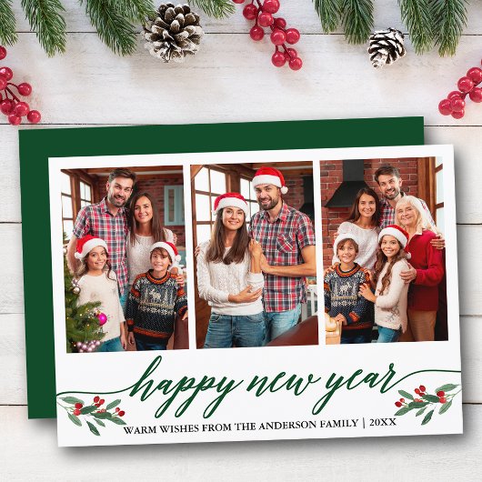 モダンカリグラフィー3 フォト ハッピー ニュー イヤー グリーン シーズンカード