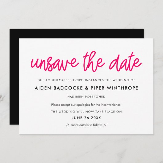 モダンカリグラフィー ウェディングカード Save the Date（おふたりの結婚式の日程を変更す 招待状 (正面/裏面)