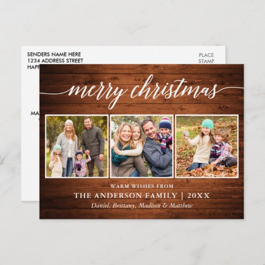 モダンカリグラフィー ウッド メリークリスマス 3枚の写真 ポストカード (正面/裏面)