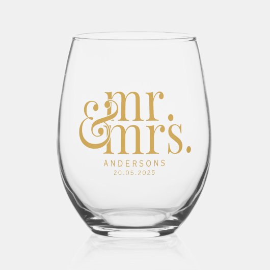 モダンカリグラフィー ゴールド Mr. and Mrs. ウェディング ステムなしワイングラス (正面)