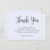 モダンカリグラフィー。シンプルな筆記体の青い結婚式 サンキューカード (正面/裏面)