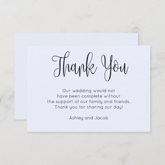 モダンカリグラフィー。シンプルな筆記体の青い結婚式 サンキューカード (正面/裏面)