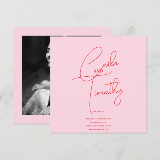 モダンカリグラフィー スクリプト 赤 ピンク フォト セーブ 日付 セーブザデート (正面/裏面)